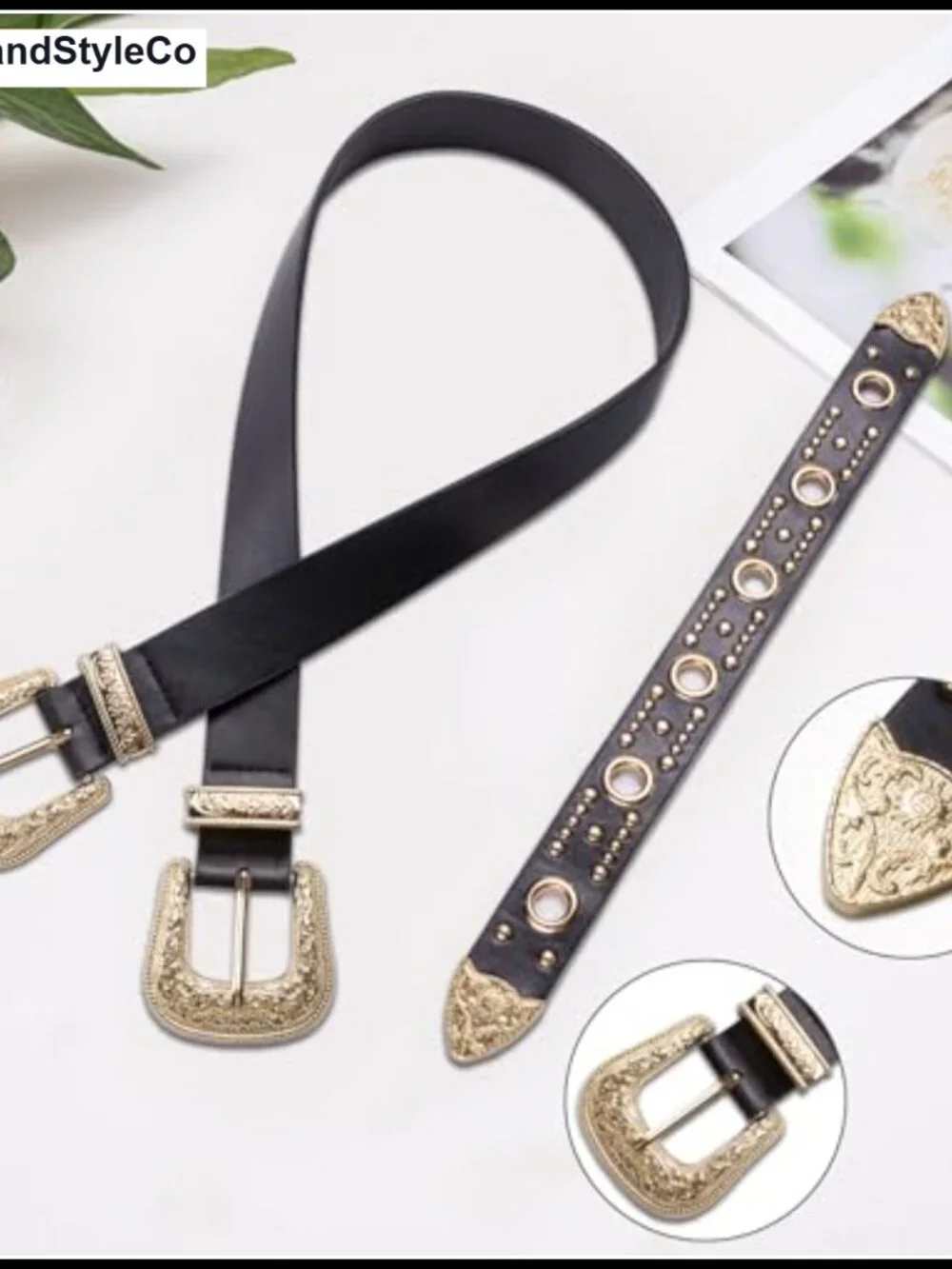 Leather Belt Women Vintage Western Double Buckle Adjustable Waistband